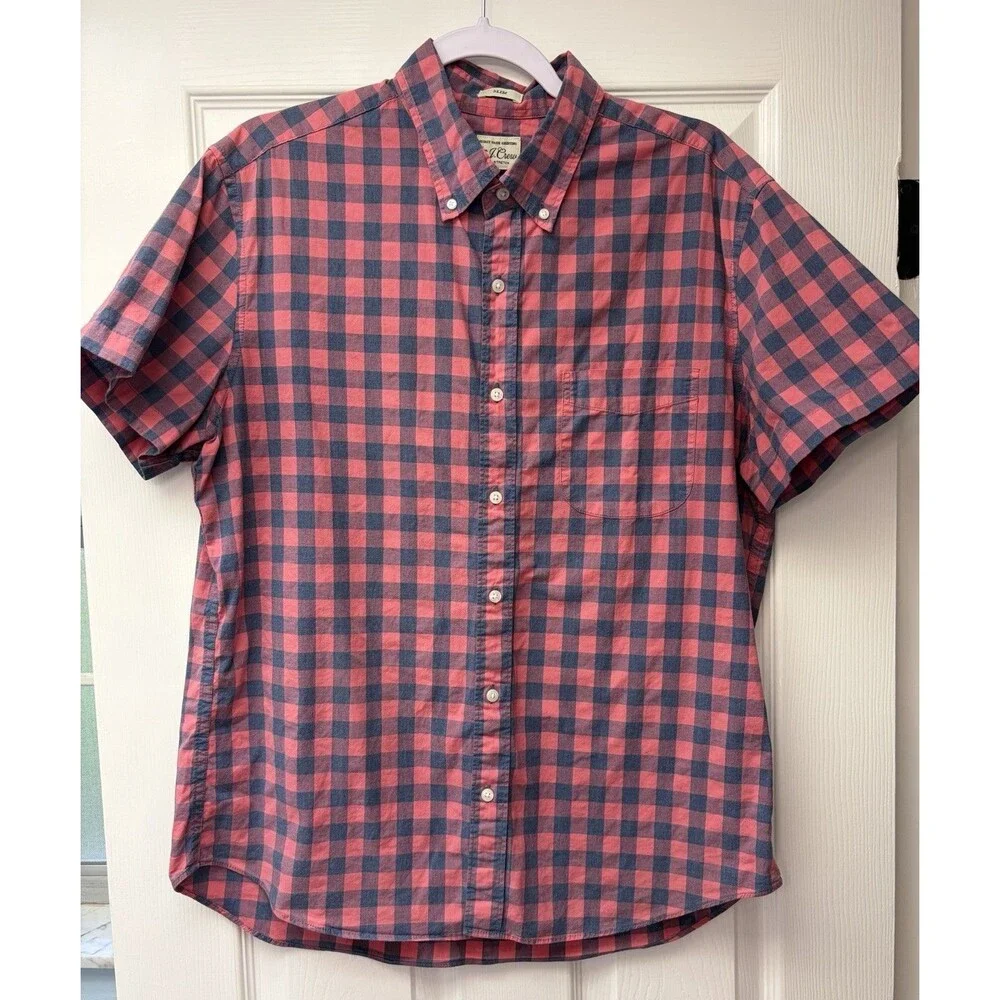 J.Crew Mens Cotton Short Sleeve Buffalo Check Shirt Red Blue Large Slim Stretch
